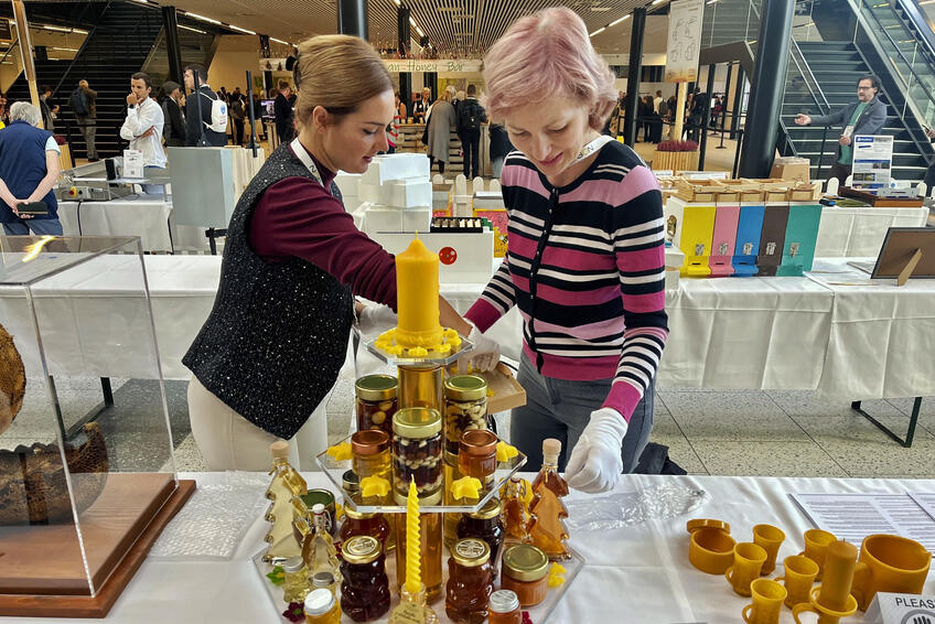 VÍŤAZNÝ: Displej včelích produktov so zlatou medailou včelárstva Vargapál.