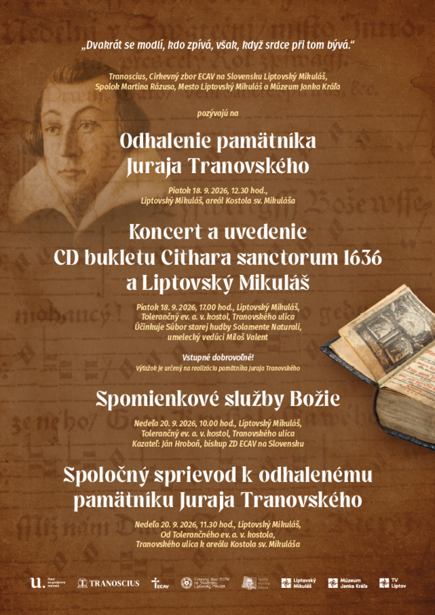Evanjelici si pripomenú 390 rokov Cithary Sanctorum: Pamätník Jurajovi Tranovskému odhalia za účasti prezidenta Petra Pellegriniho